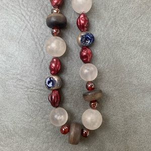 Red, Blue, White, and Brown Beaded Necklace